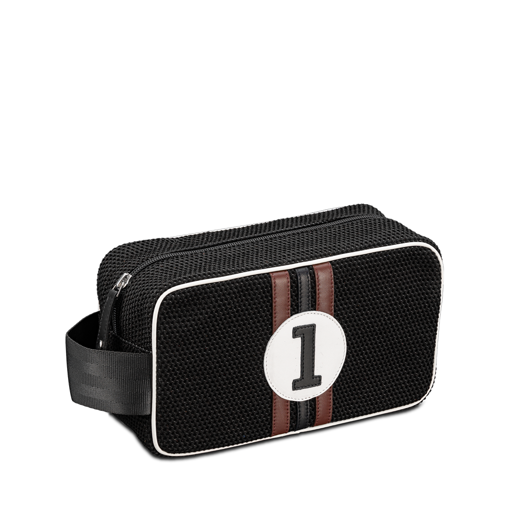 1 Black wash bag for man in upcycled canvas and leather