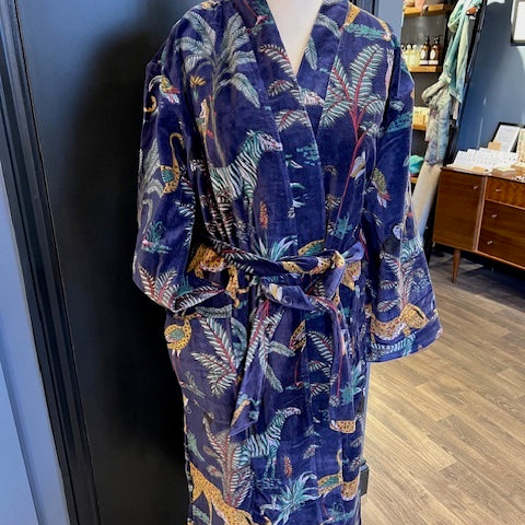 Luxury Velvet Robe - Blue Tropical Animals