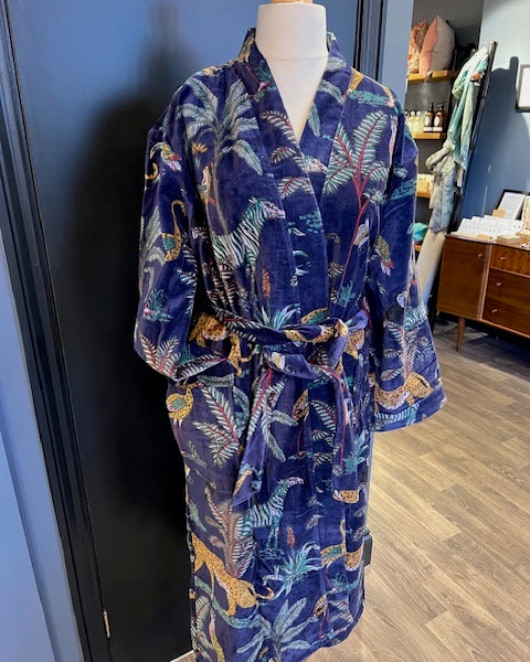 Luxury Velvet Robe - Blue Tropical Animals