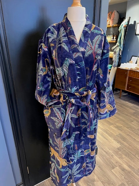 Luxury Velvet Robe - Blue Tropical Animals