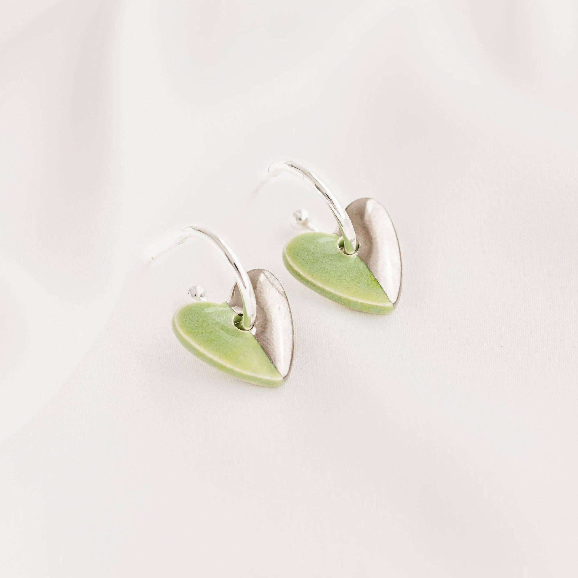 Light Green Ceramic Heart Charm With Huggie Hoops: Silver