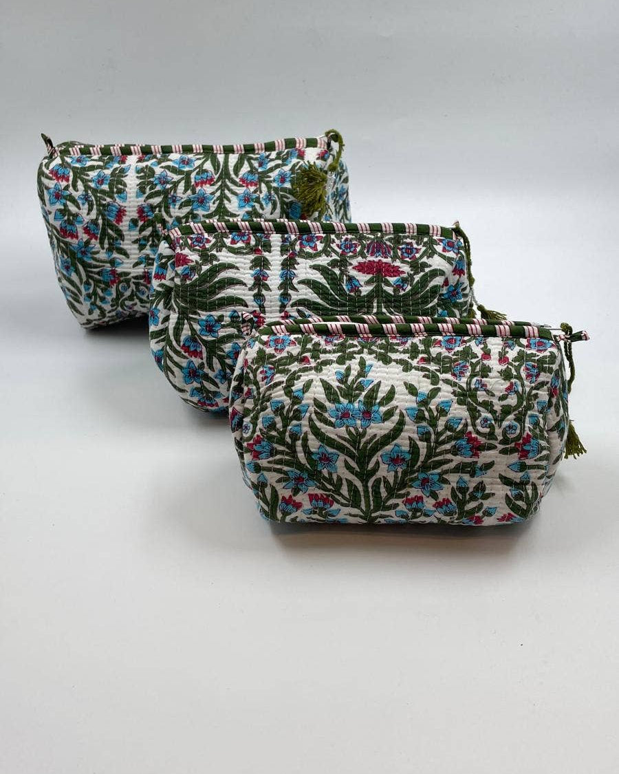 Botanical cotton  quilted wash bag  - set of three small, medium, large