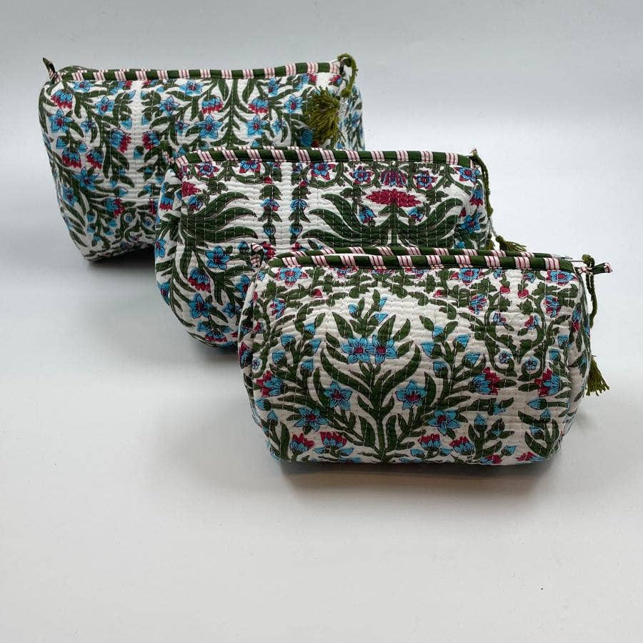 Botanical cotton  quilted wash bag  - set of three small, medium, large