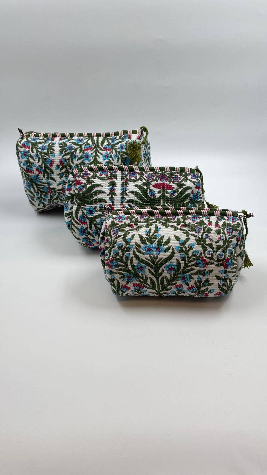 Botanical cotton  quilted wash bag  - set of three small, medium, large