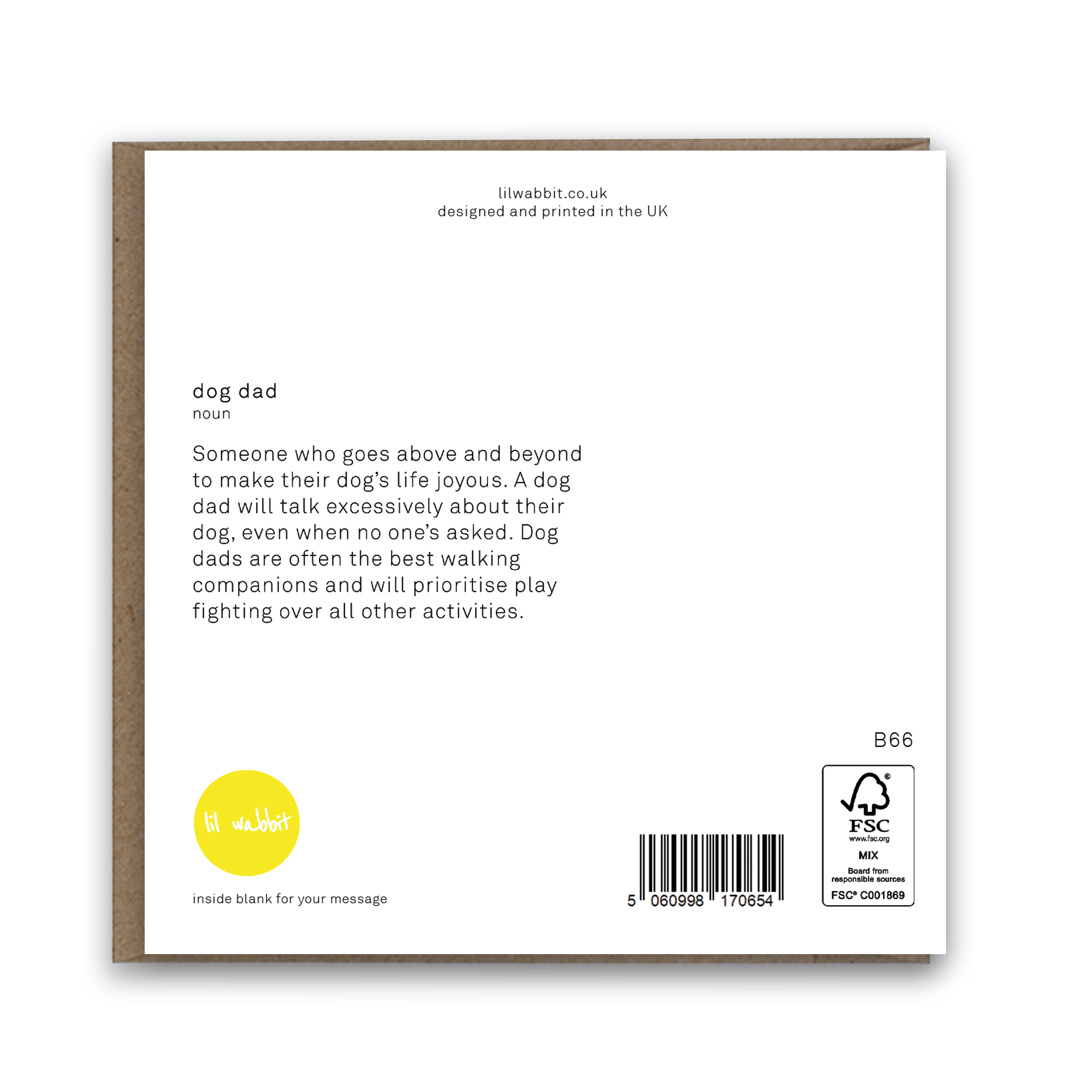 Back of a greeting card with text and branding on a white background