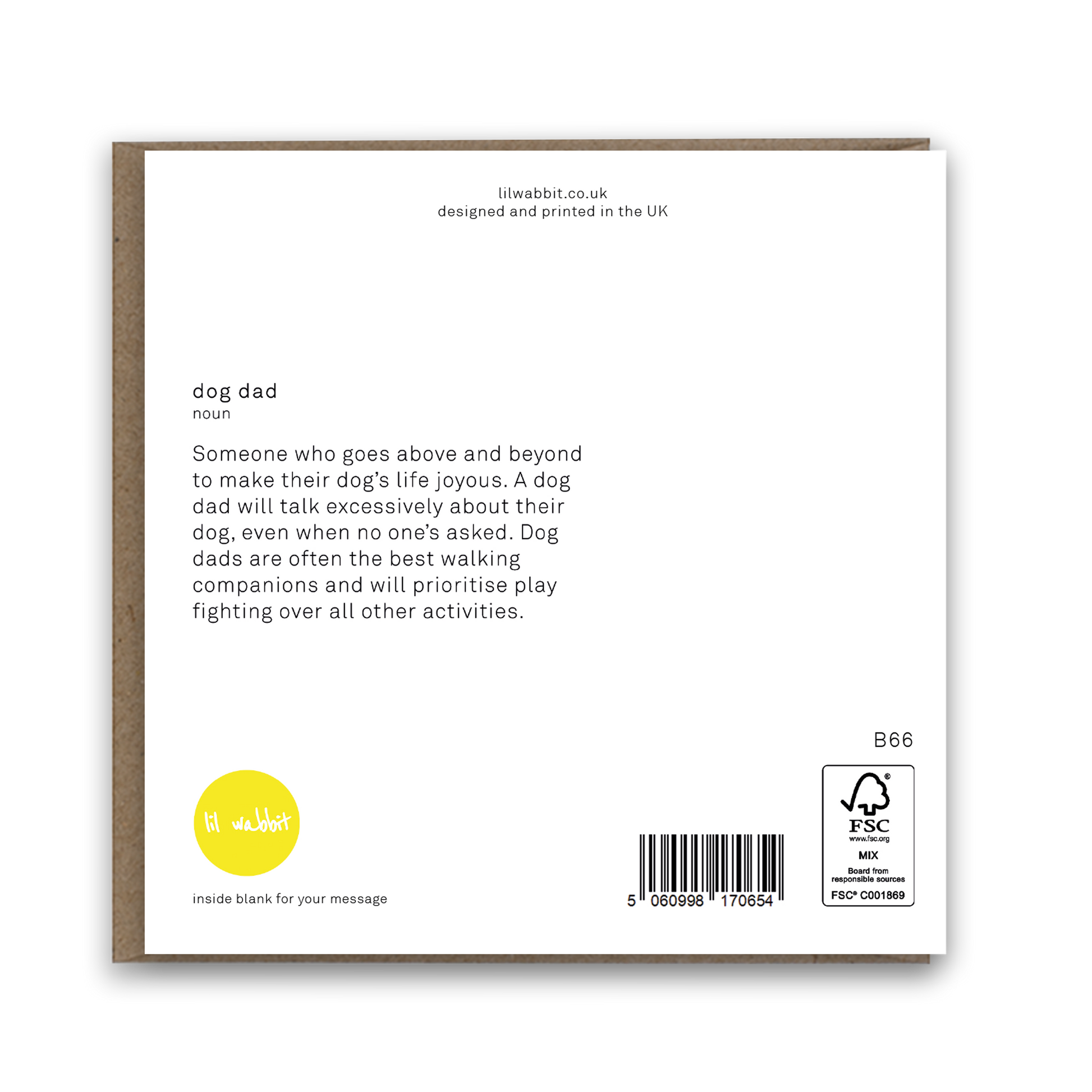 Back of a greeting card with text and branding on a white background