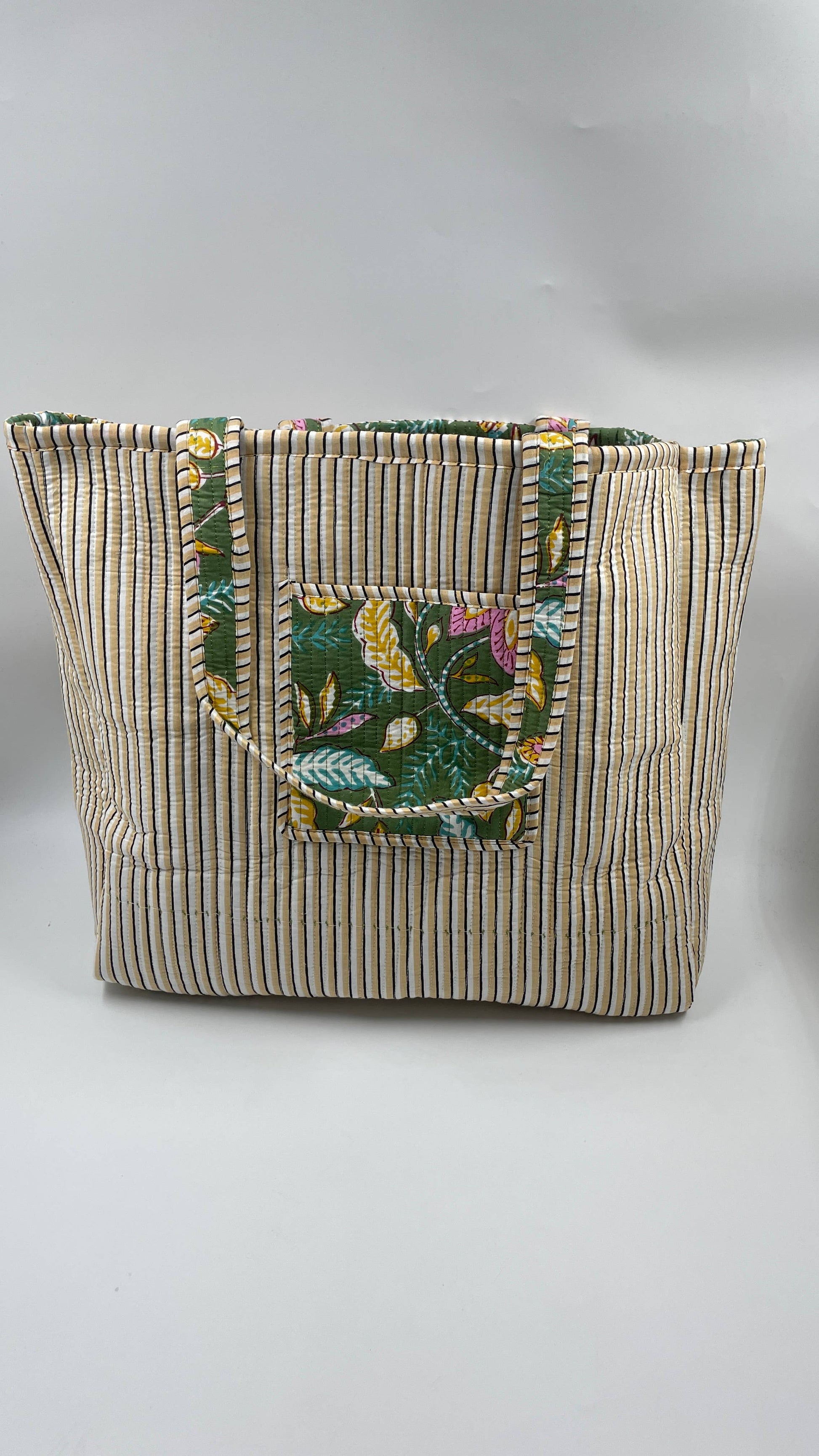 Green Vibrant Floral Cotton Quilted Tote Bag