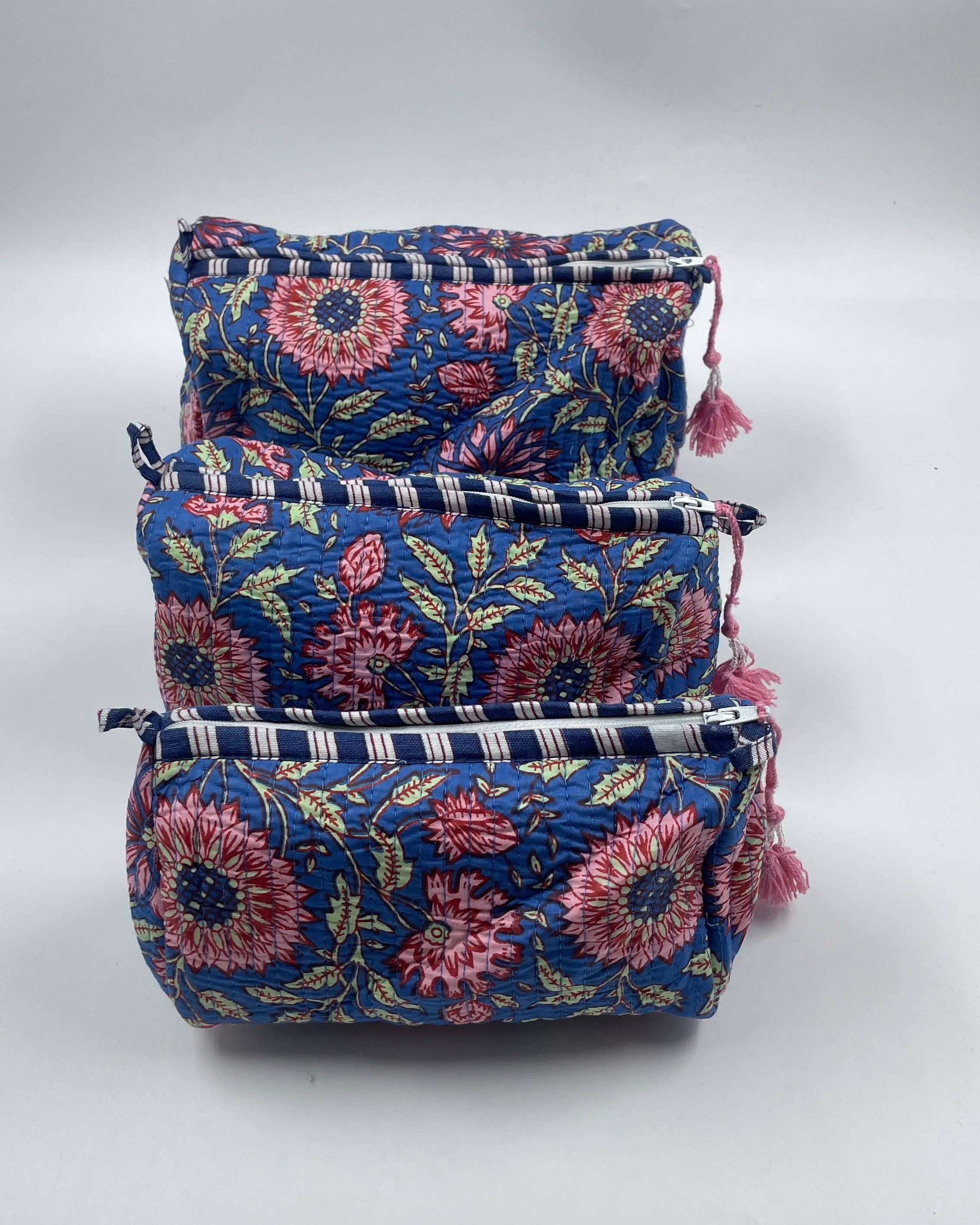 Pretty Floral  cotton  quilted wash bag - set of three -  small, medium,  large