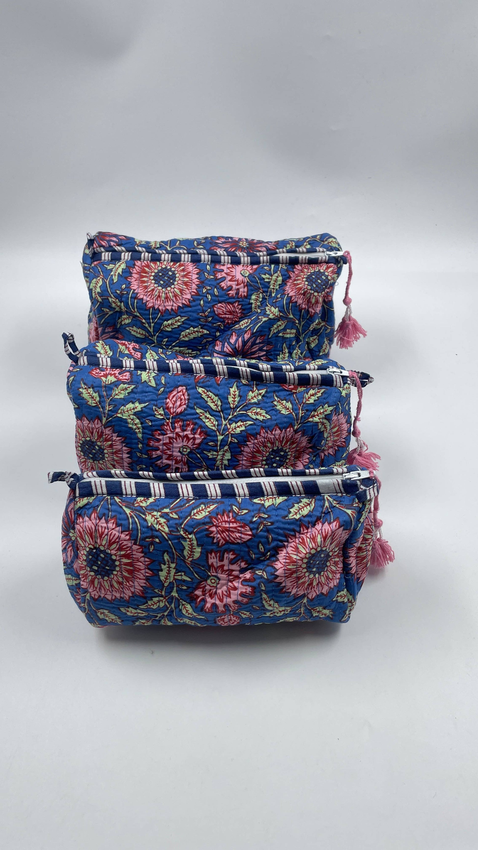 Pretty Floral  cotton  quilted wash bag - set of three -  small, medium,  large