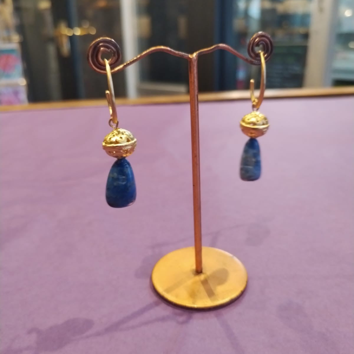 Blue stone & gold drop earrings