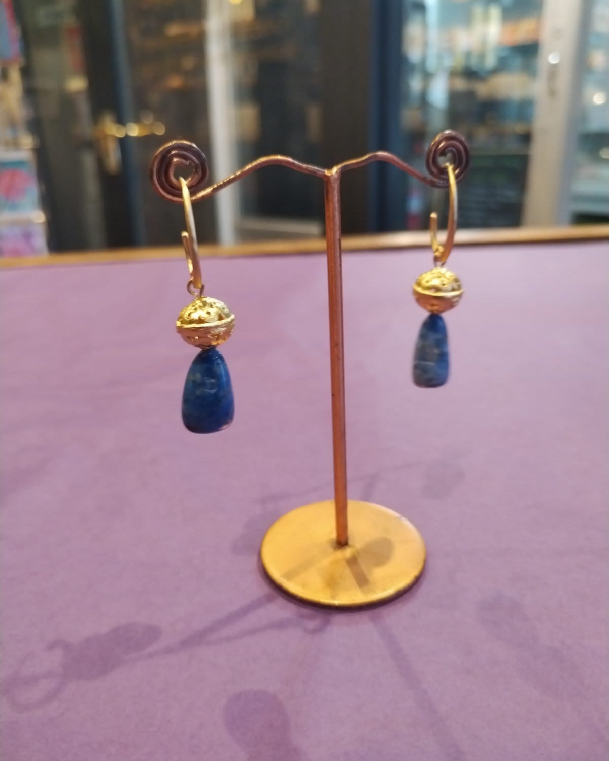 Blue stone & gold drop earrings