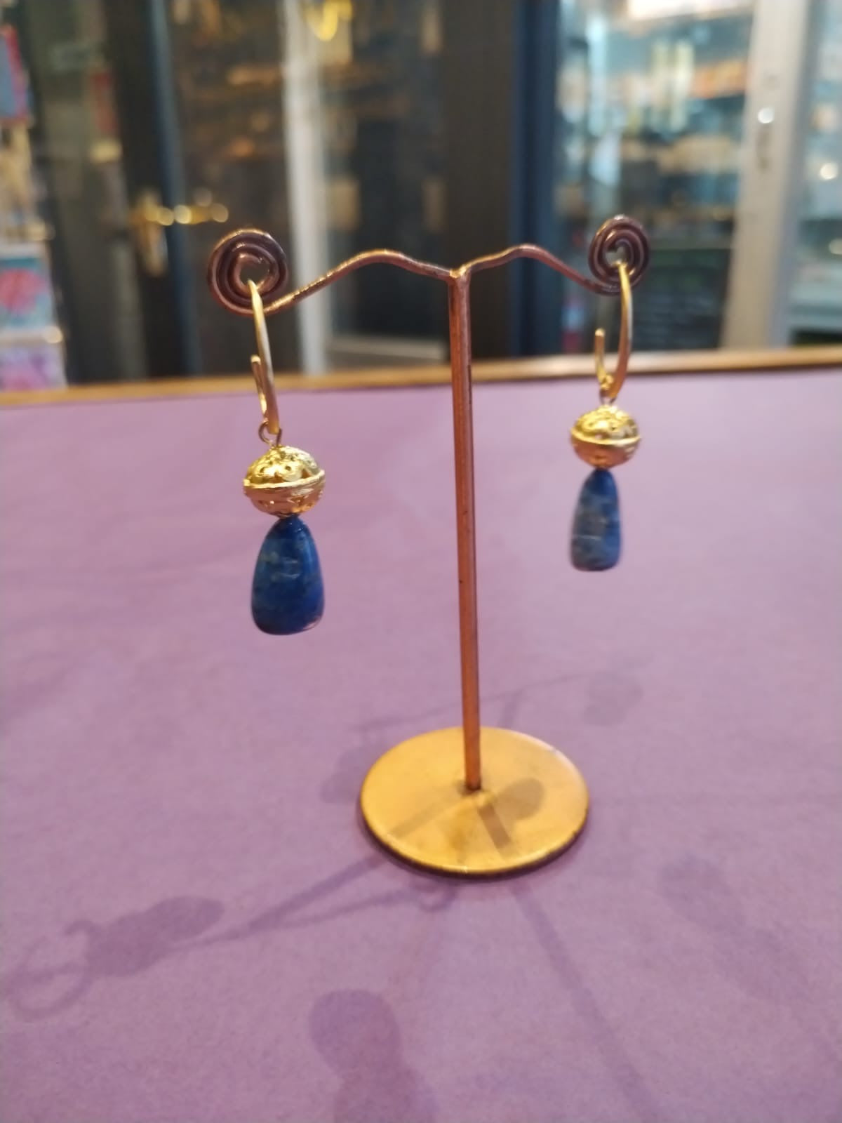 Blue stone & gold drop earrings