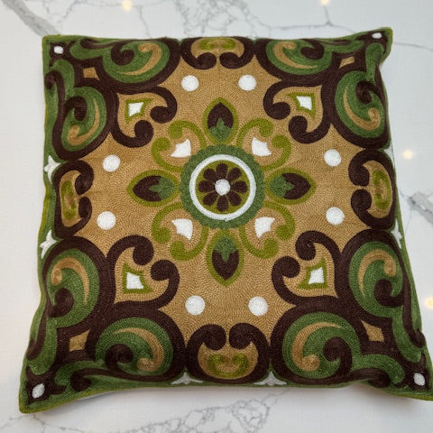 Green & Ochre Embroidered Cushion