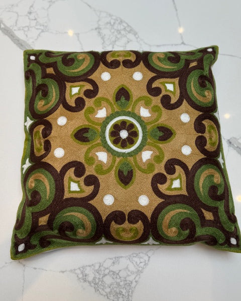 Green & Ochre Embroidered Cushion