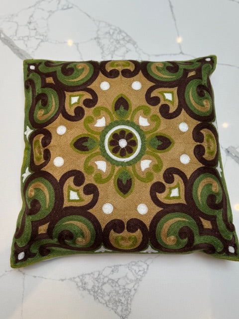 Green & Ochre Embroidered Cushion