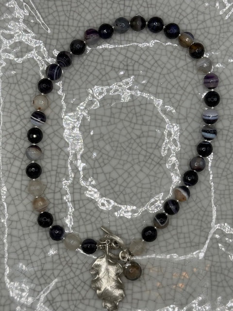 Striped Agate & Silver Oak Leaf Necklace