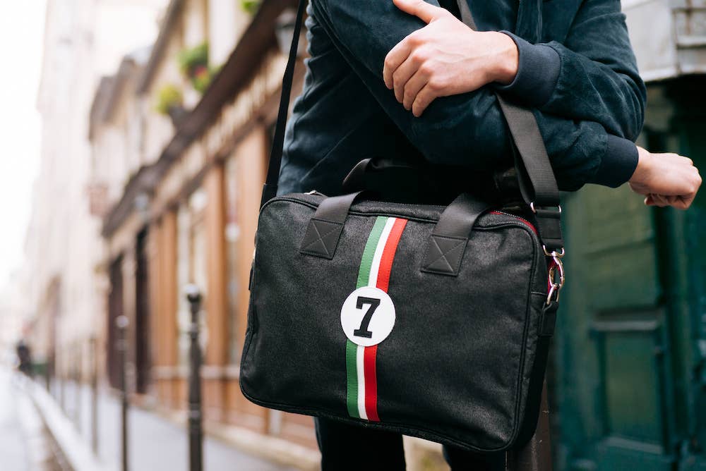 No 7 Computer Bag in Black Canvas & Leather in Italian Colours
