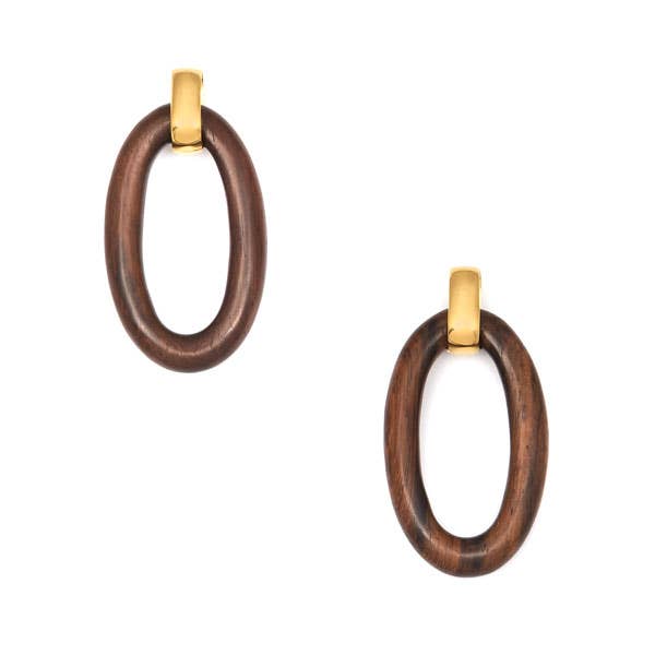 Oval brown wood Link Earring - Gold