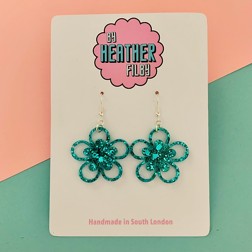 Floral Glitter Flower Earrings : Teal