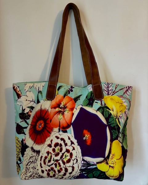 Floral bag with leather handles