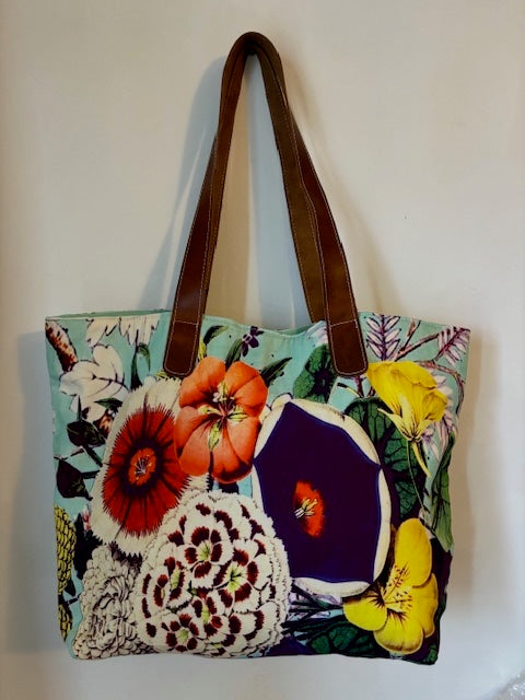 Floral bag with leather handles