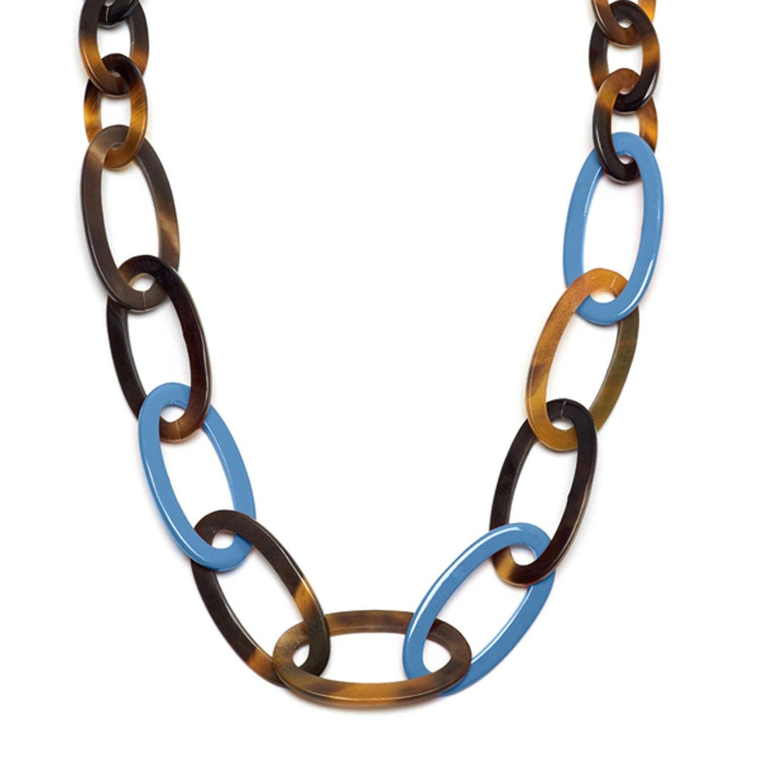 Oval link Buffalo horn necklace - Light blue/Brown