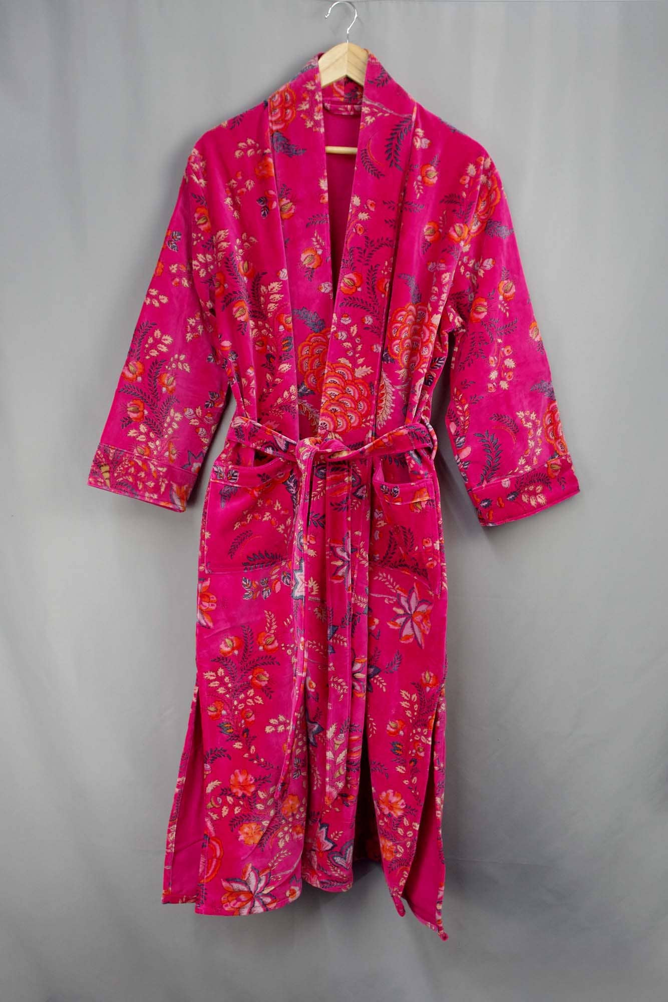 Velvet Kimono With Lining Gown - Hot Pink Floral