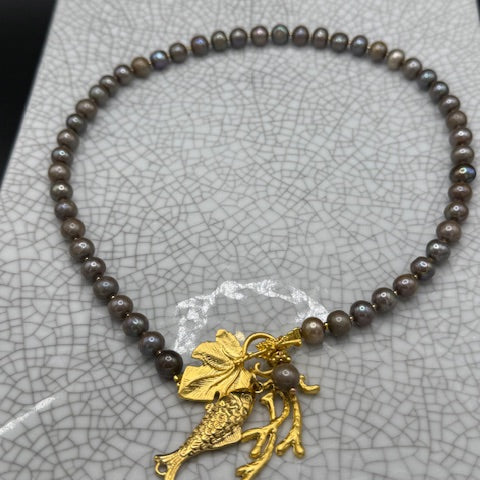 Small Grey Pearls with Golden Fish Charm Necklace