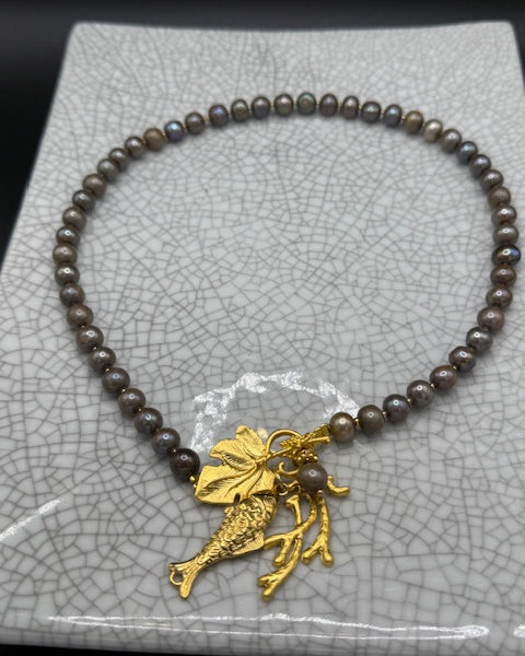 Small Grey Pearls with Golden Fish Charm Necklace