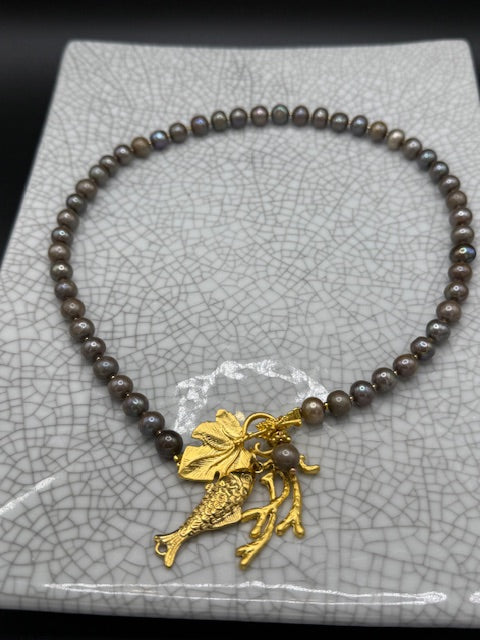 Small Grey Pearls with Golden Fish Charm Necklace
