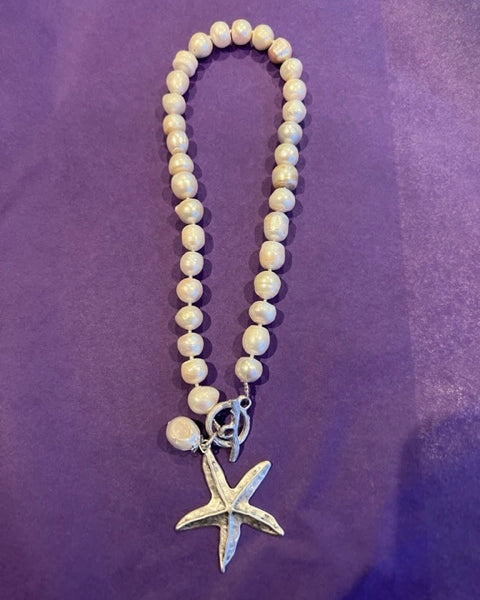Freshwater pearl and silver starfish necklace