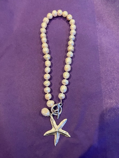 Freshwater pearl and silver starfish necklace