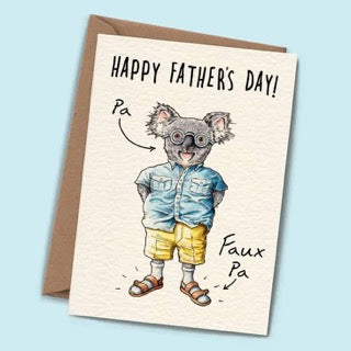 Father's Day card with a cartoon koala wearing sunglasses and a shirt, on a light blue background.