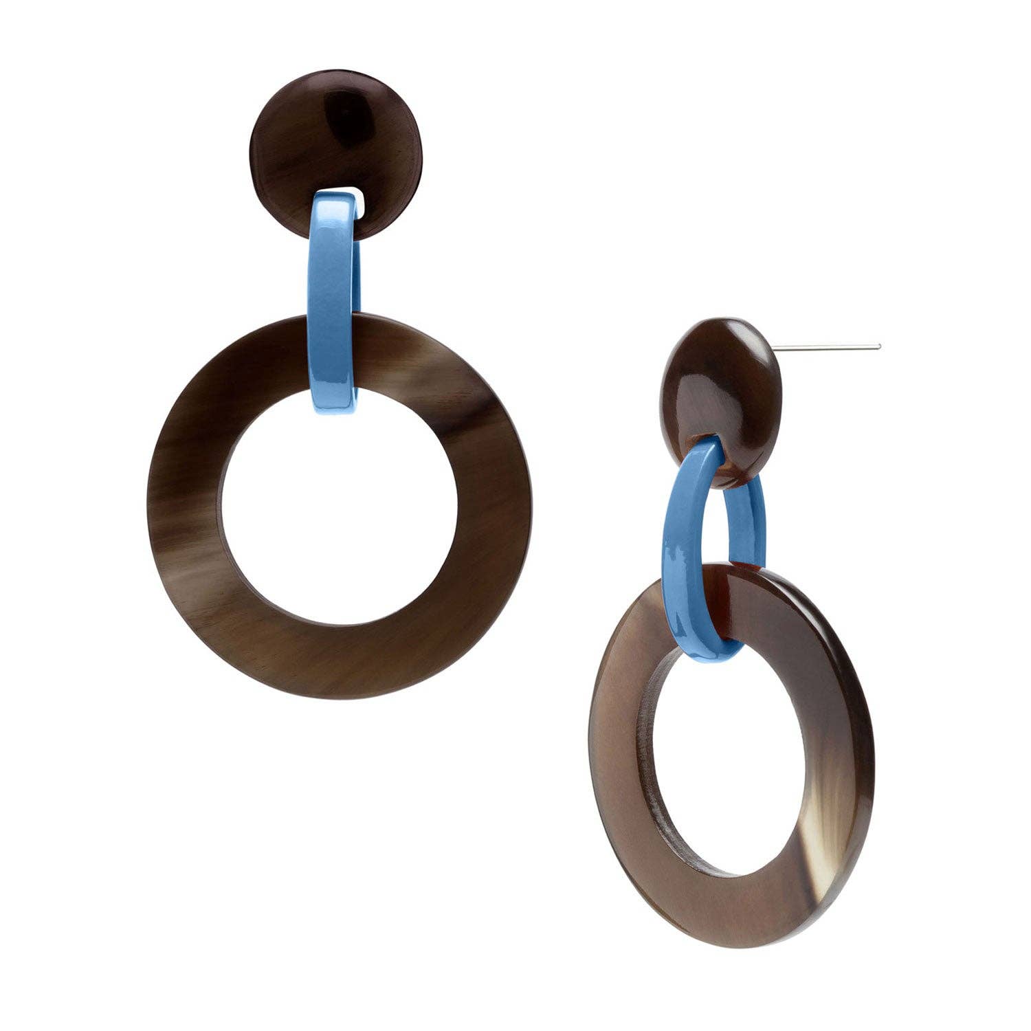 Brown natural and blue lacquered round link earrings