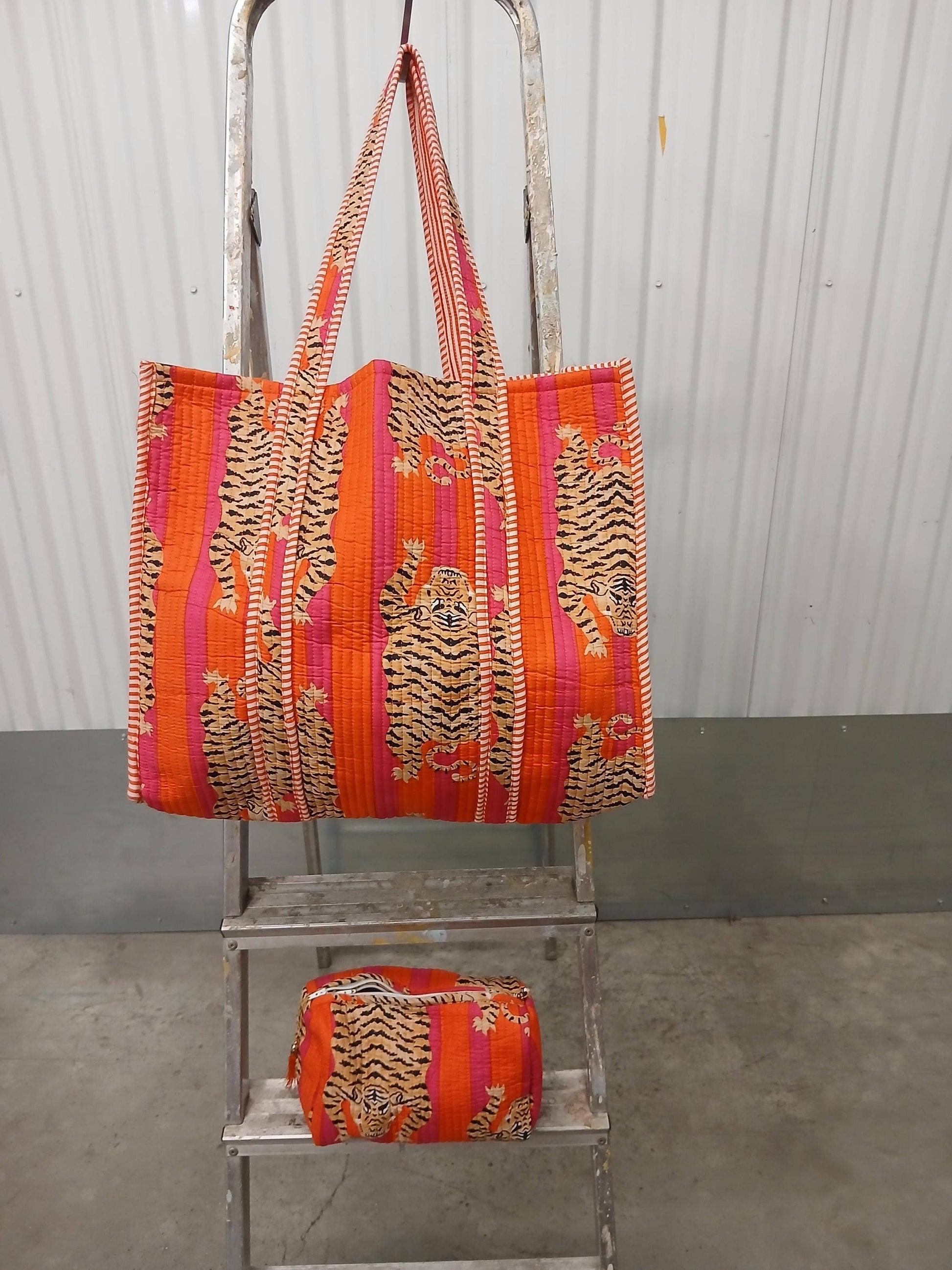 Orange Tiger Cotton Quilted Kantha Tote Bag