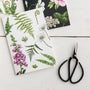 Floral and botanical notepads with a pair of scissors on a wooden surface