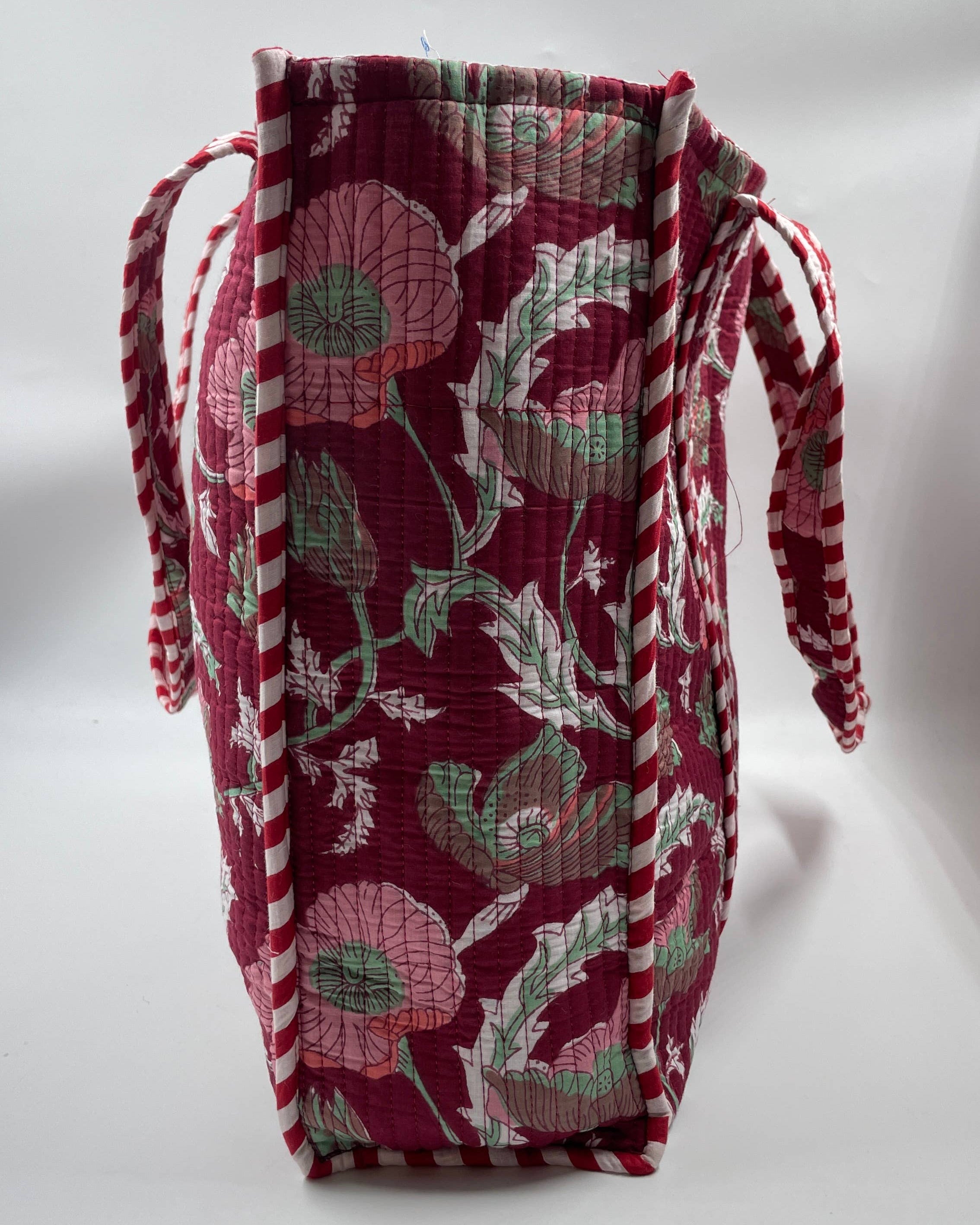 Burgundy Floral Cotton Quilted Tote Bag