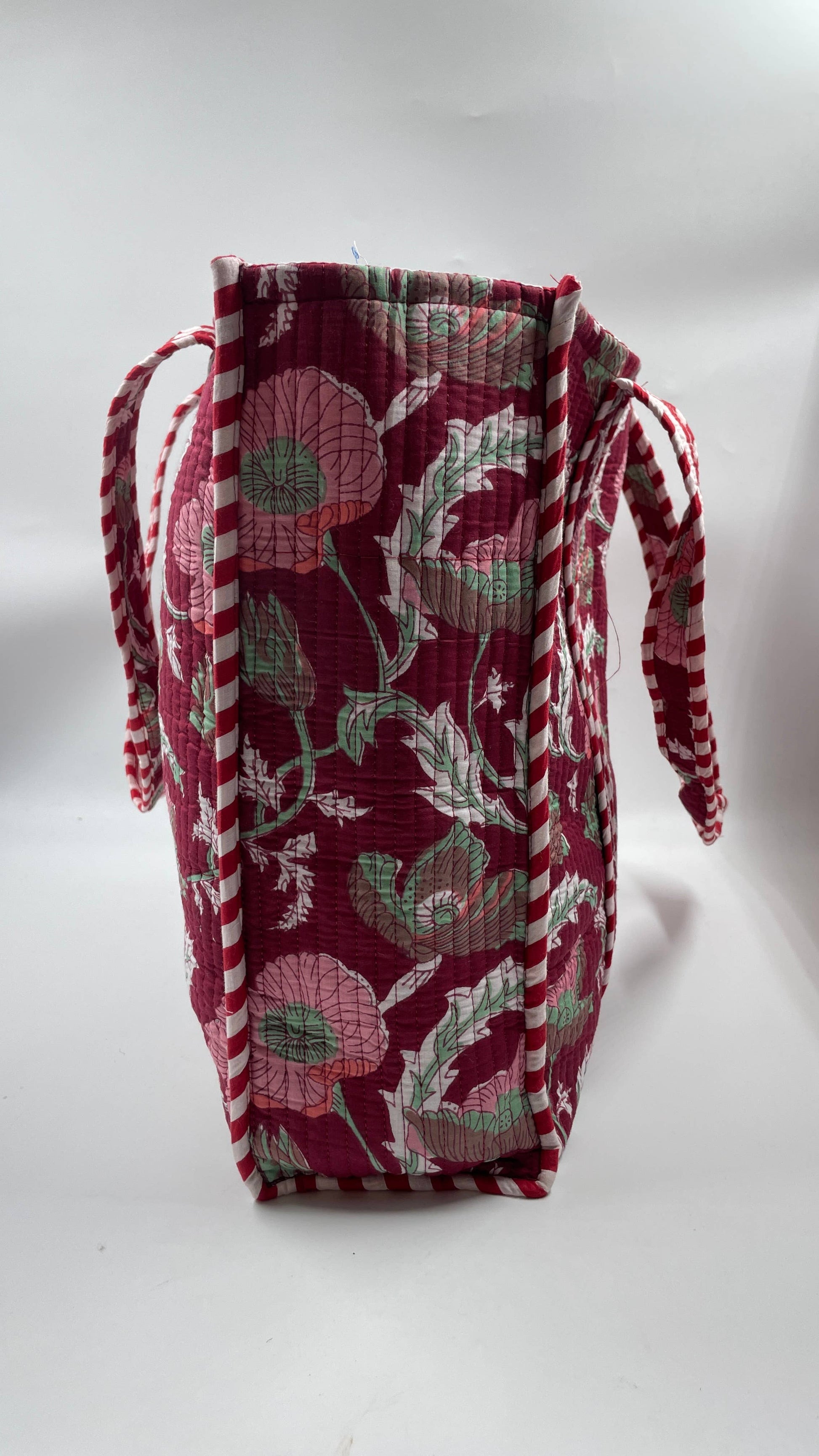 Burgundy Floral Cotton Quilted Tote Bag