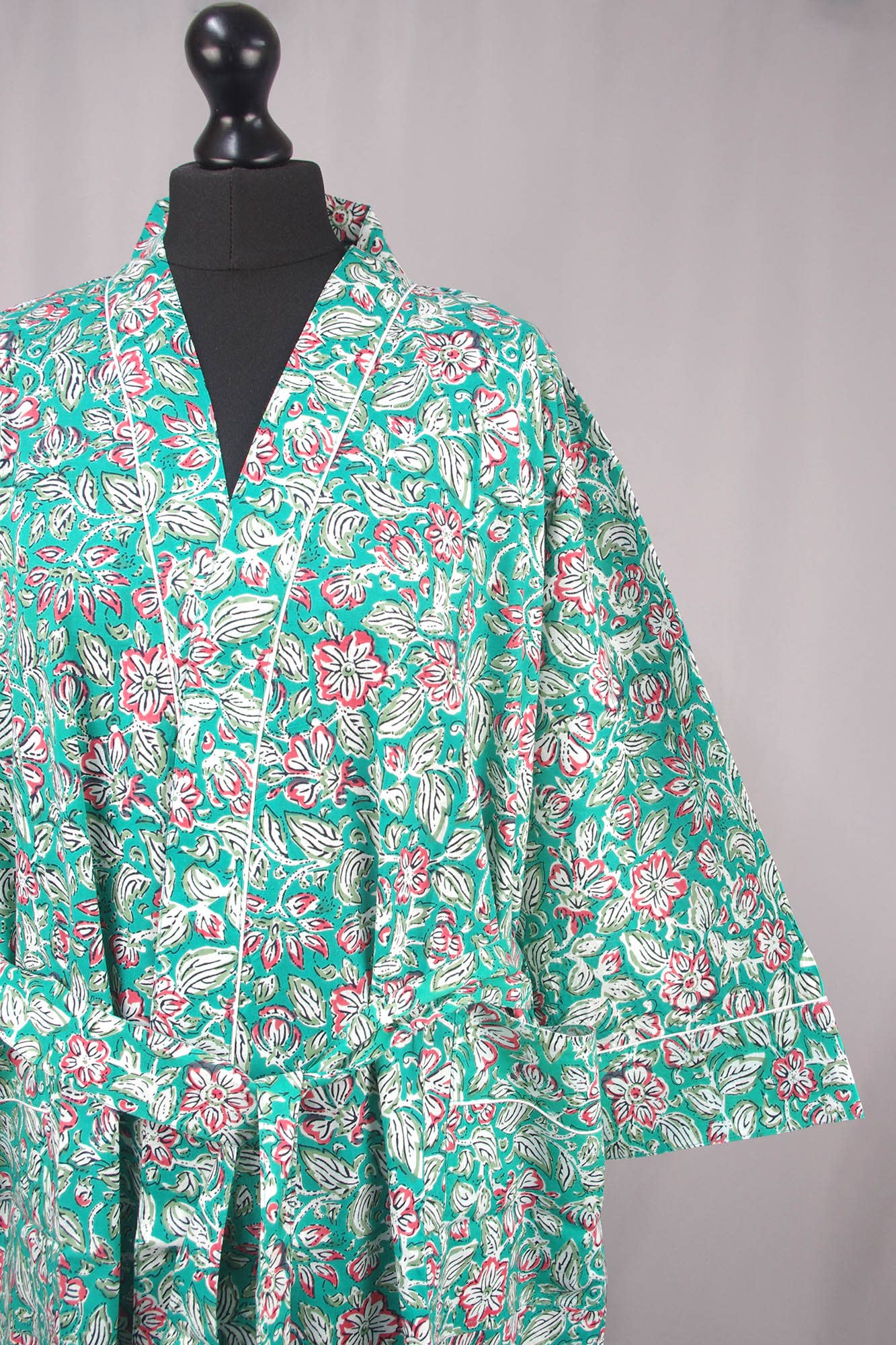 Cotton Kimono - Red Flowers On Teal Green