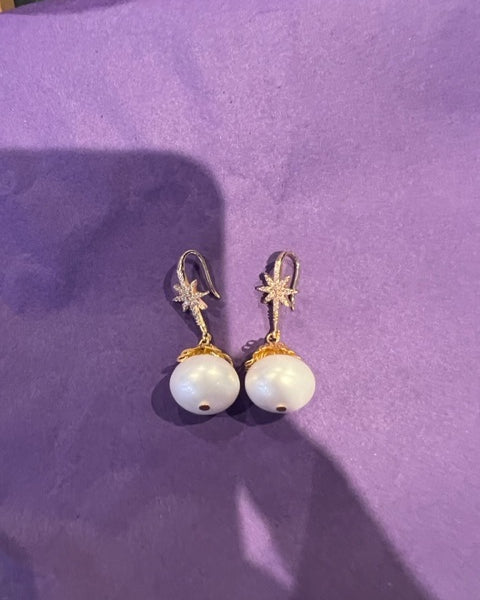 pearl gold star and hook earrings