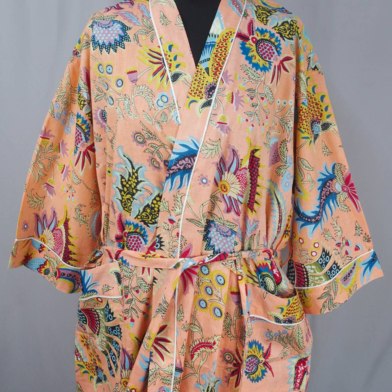 Cotton Kimono Dressing Gown Robe -Peach Mukut Print