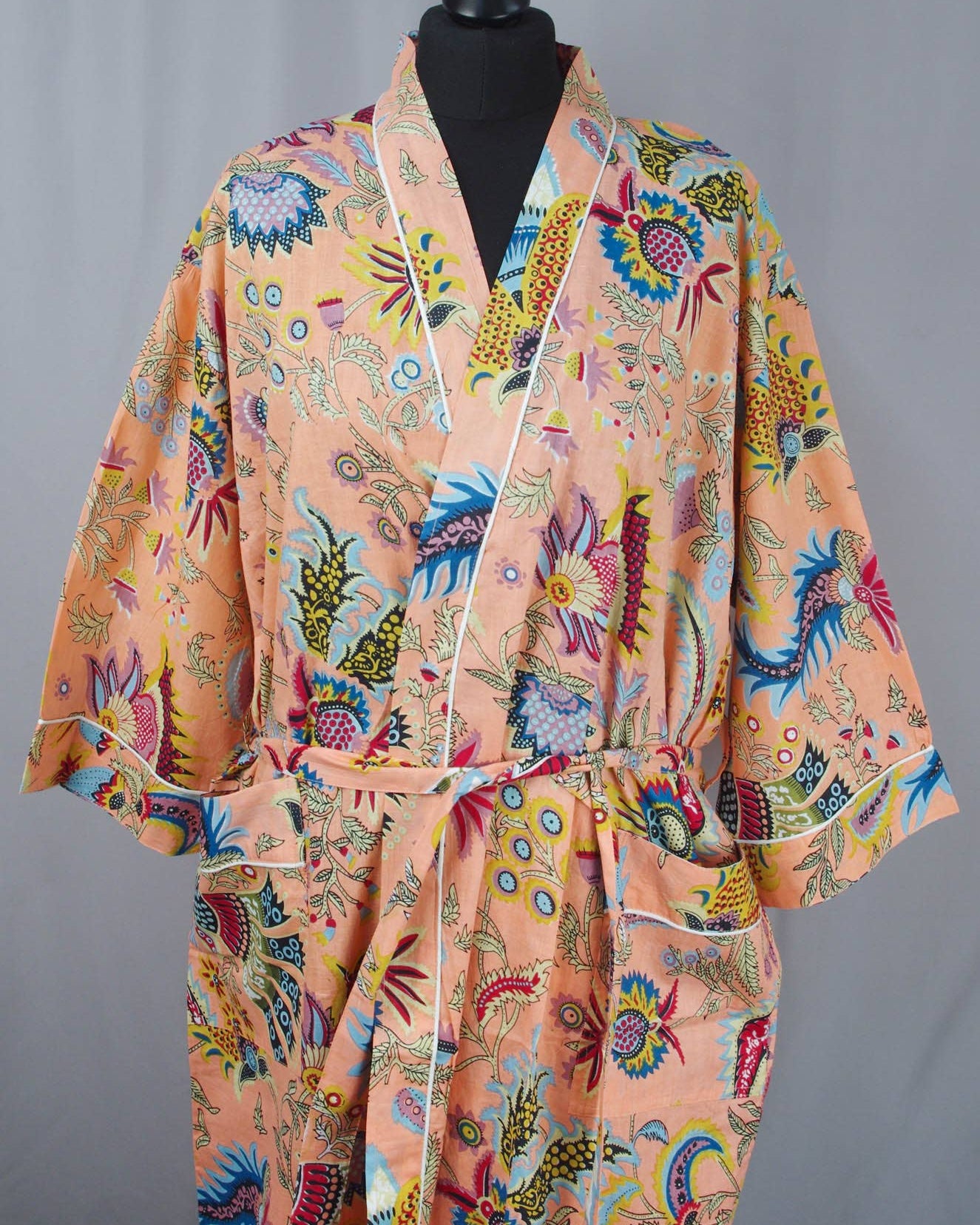 Cotton Kimono Dressing Gown Robe -Peach Mukut Print