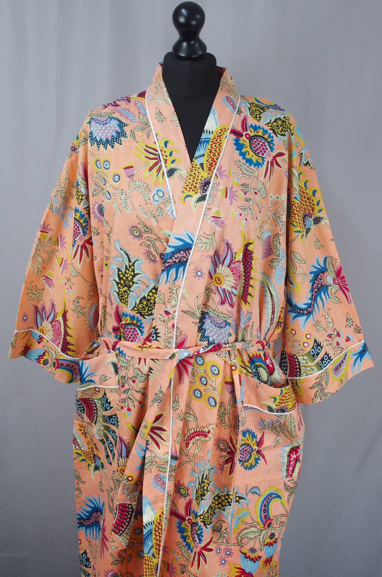Cotton Kimono Dressing Gown Robe -Peach Mukut Print