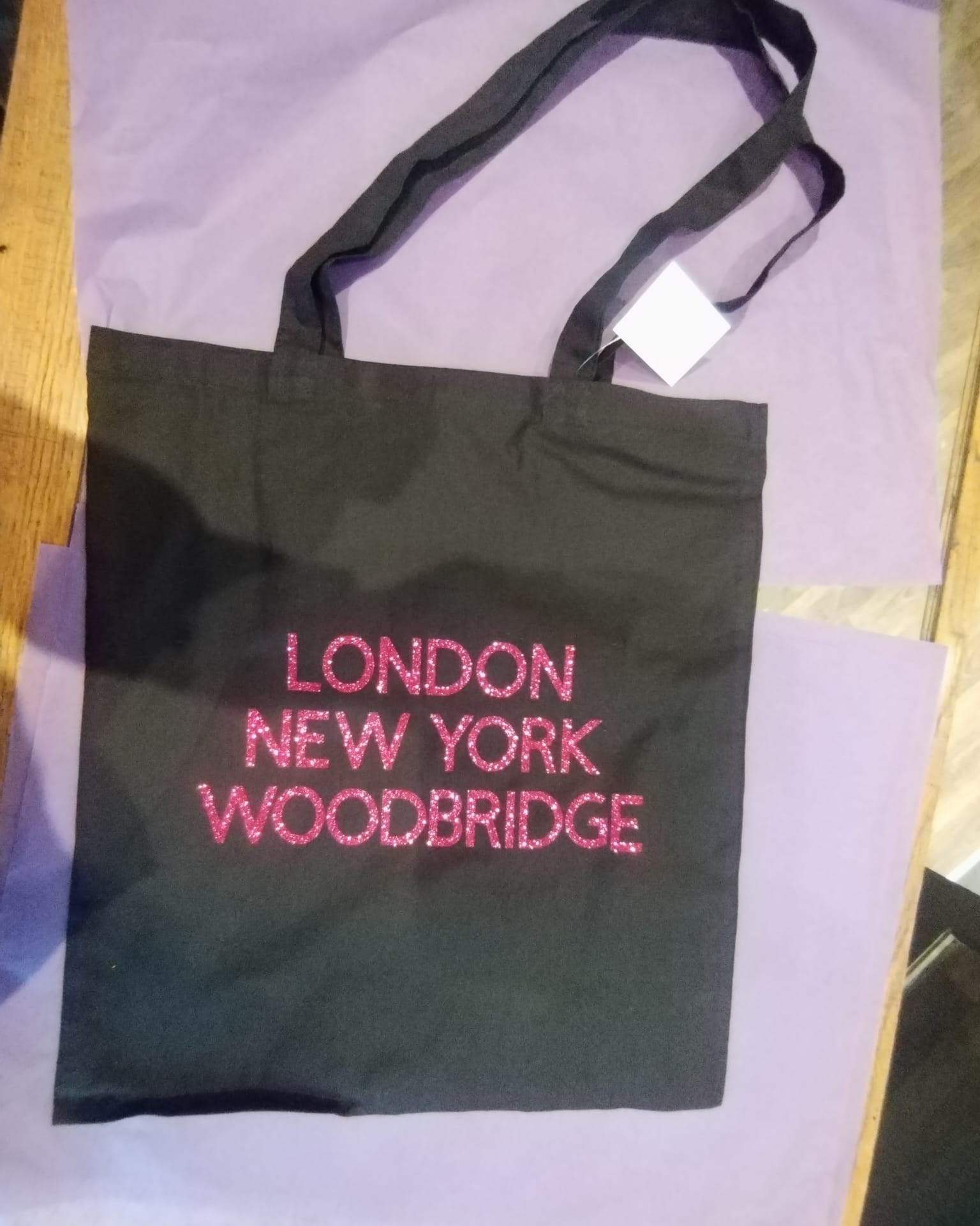 Black Tote Pink Text - London New York Woodbridge