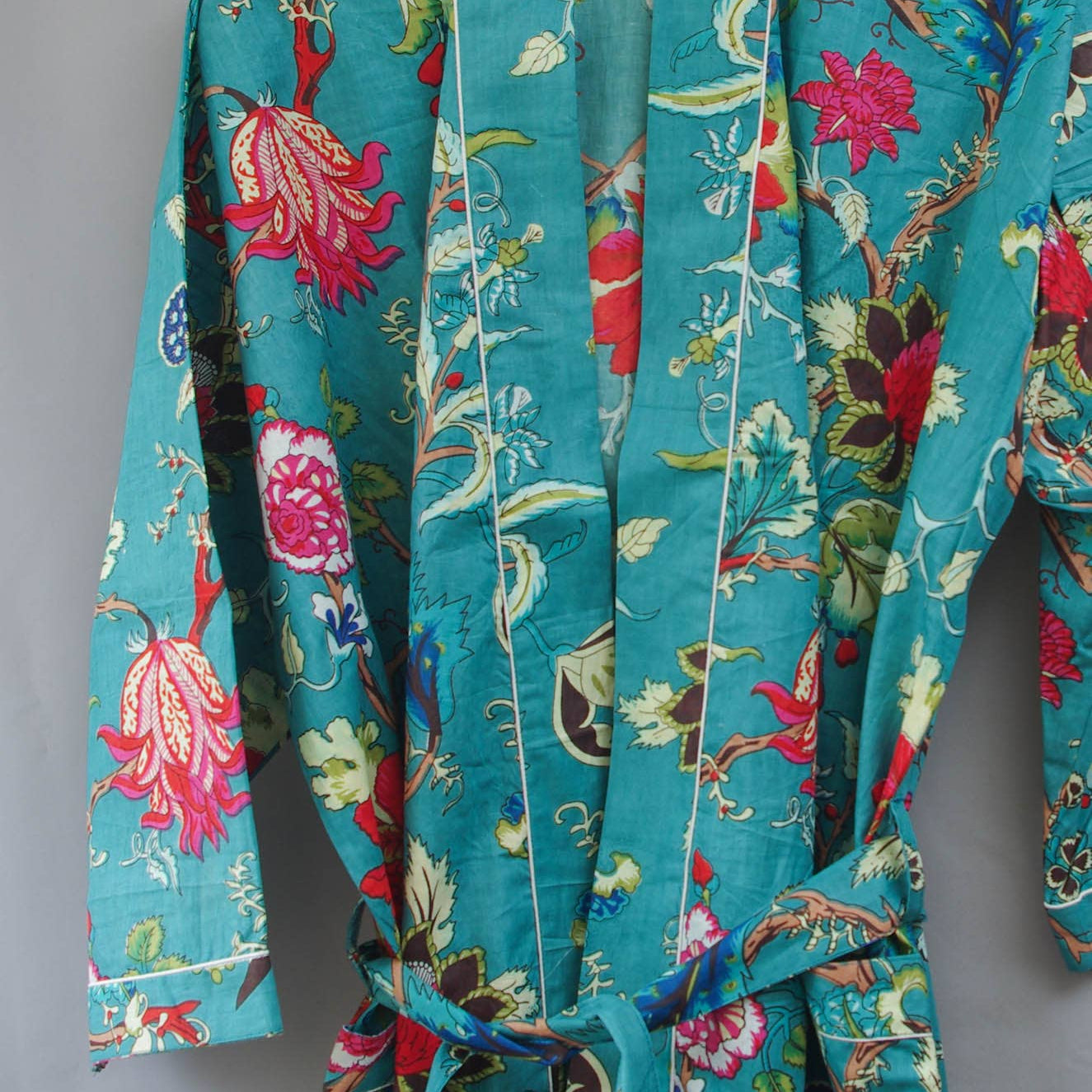 Cotton Kimono Dressing Gown Robe -Emerald Green Botanical