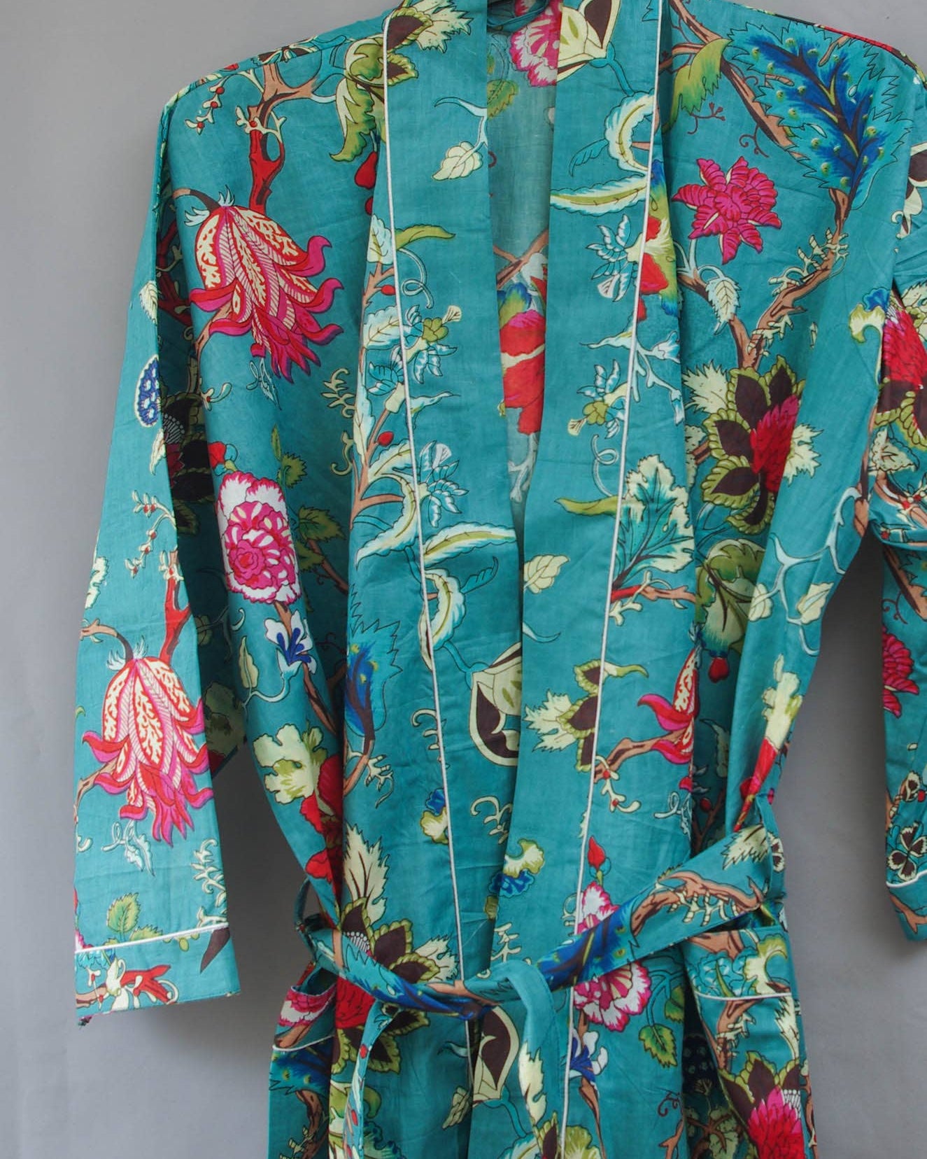 Cotton Kimono Dressing Gown Robe -Emerald Green Botanical