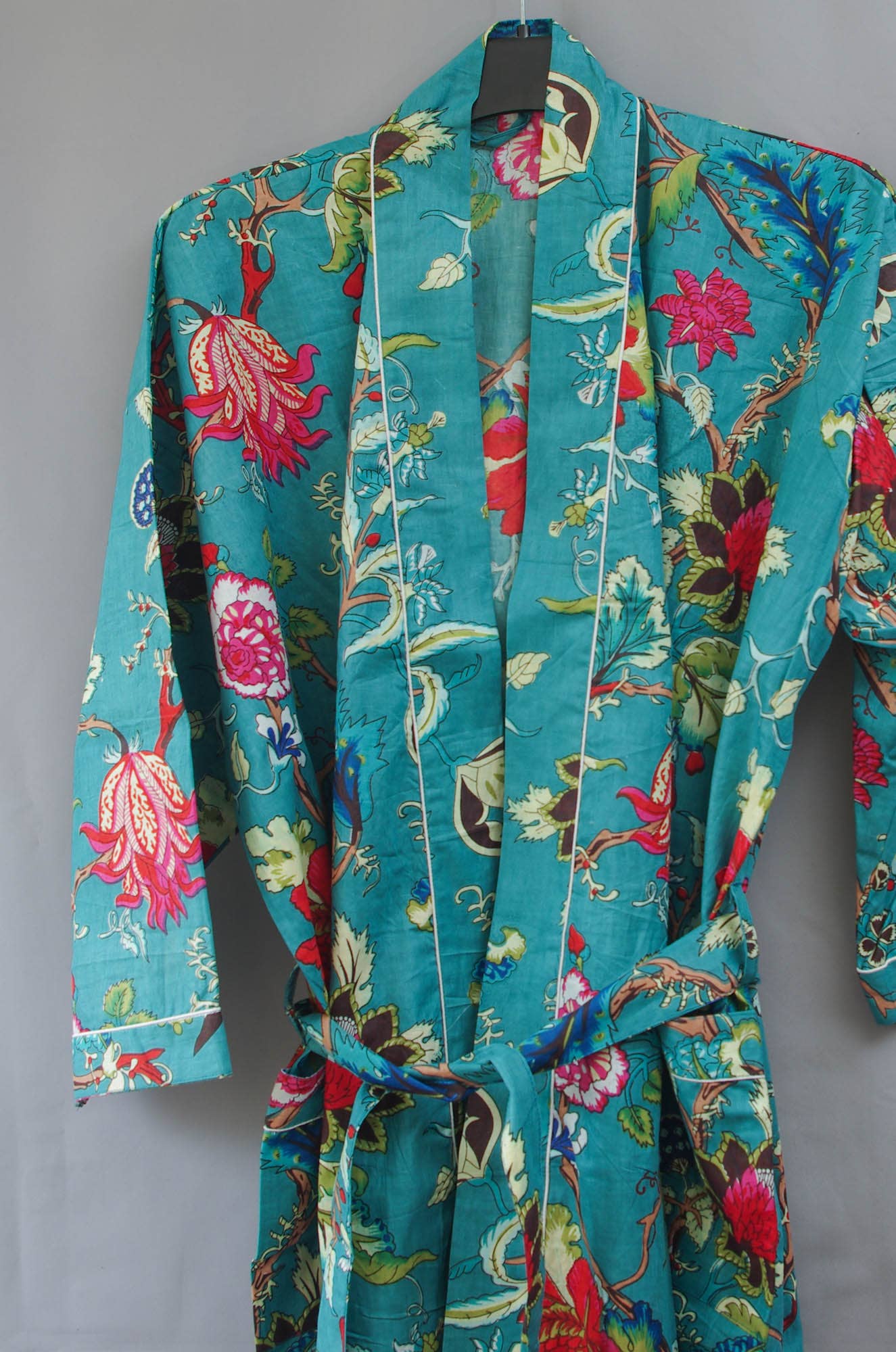 Cotton Kimono Dressing Gown Robe -Emerald Green Botanical