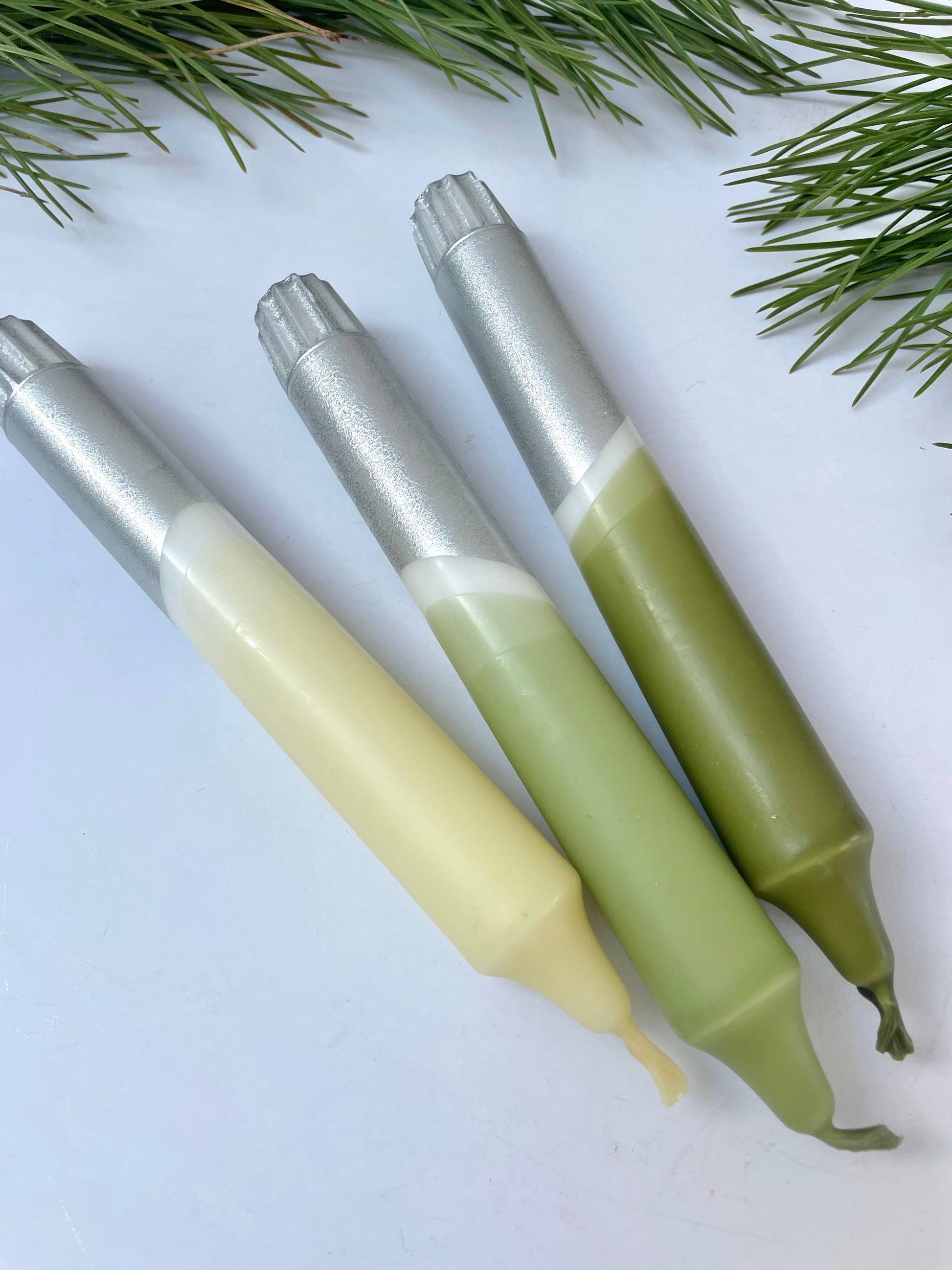 Frosted Forest & Silver Dip Dyed Dinner Candles