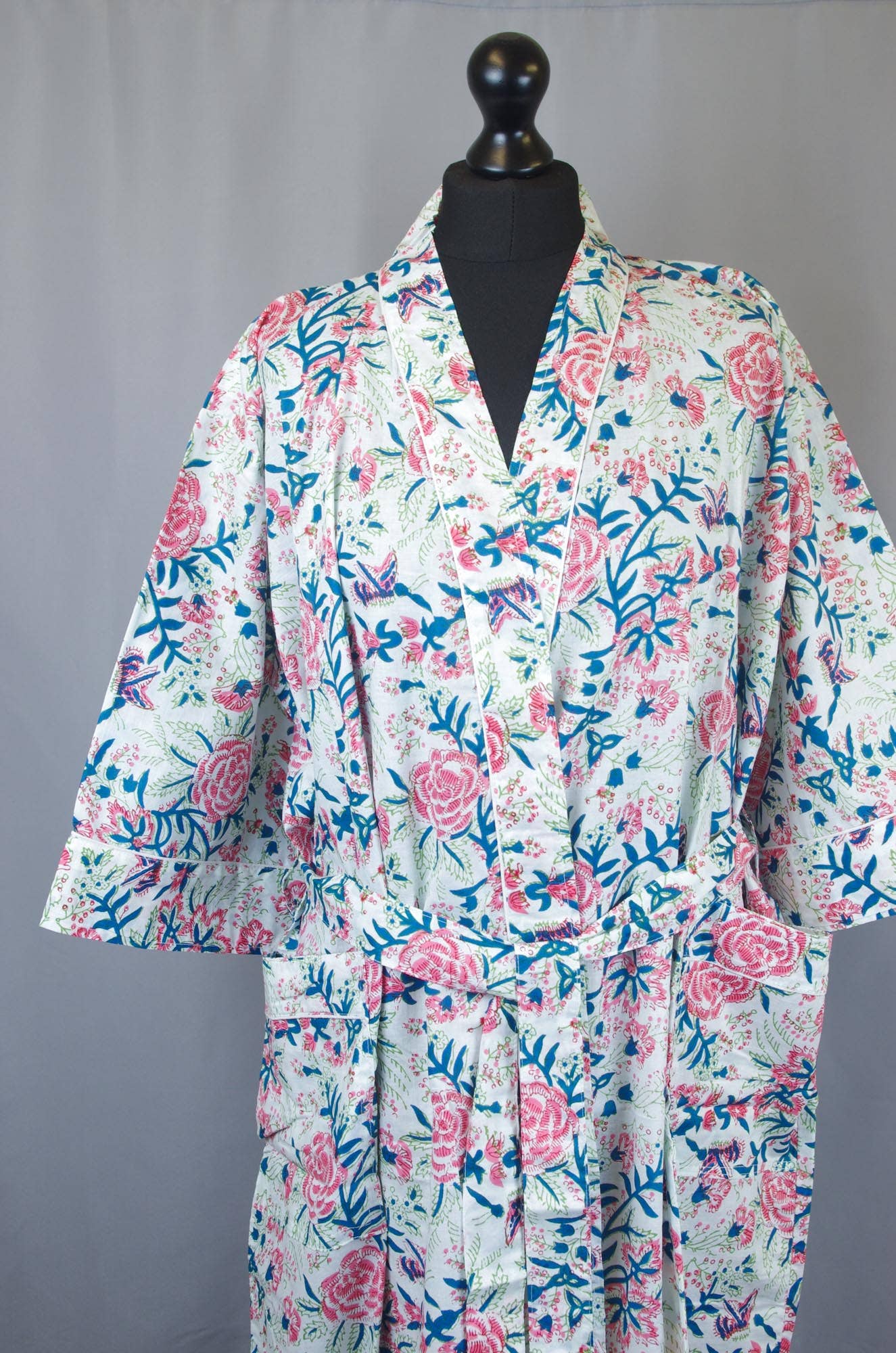 Cotton Kimono Dressing Gown Robe -White floral