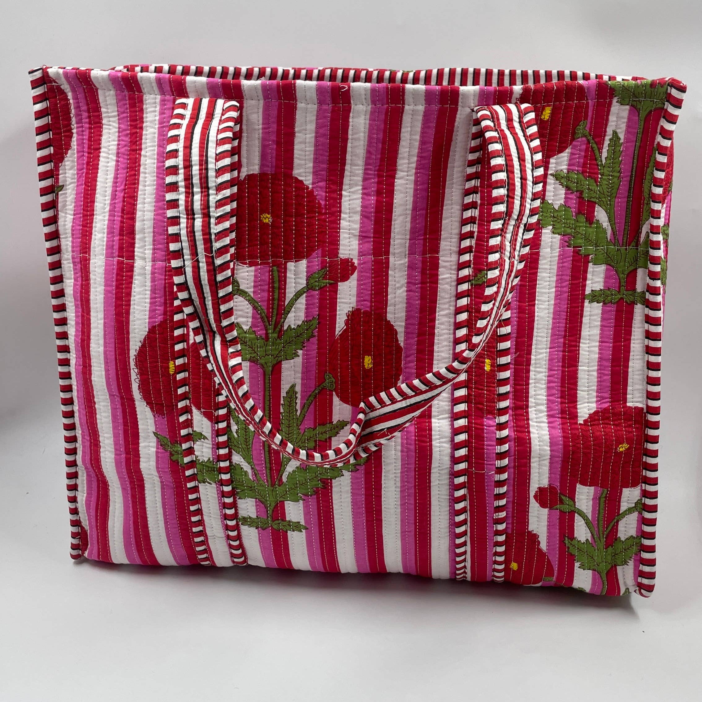 Pink & Red Floral Cotton Quilted Tote Bag